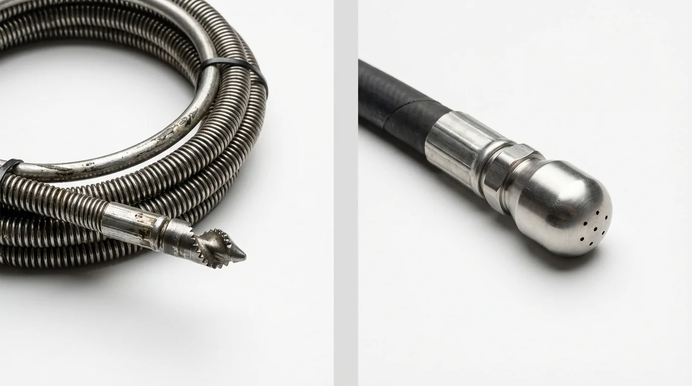 Drain snake cable and hydro jetting nozzle used for drain cleaning in Mountain View, CA