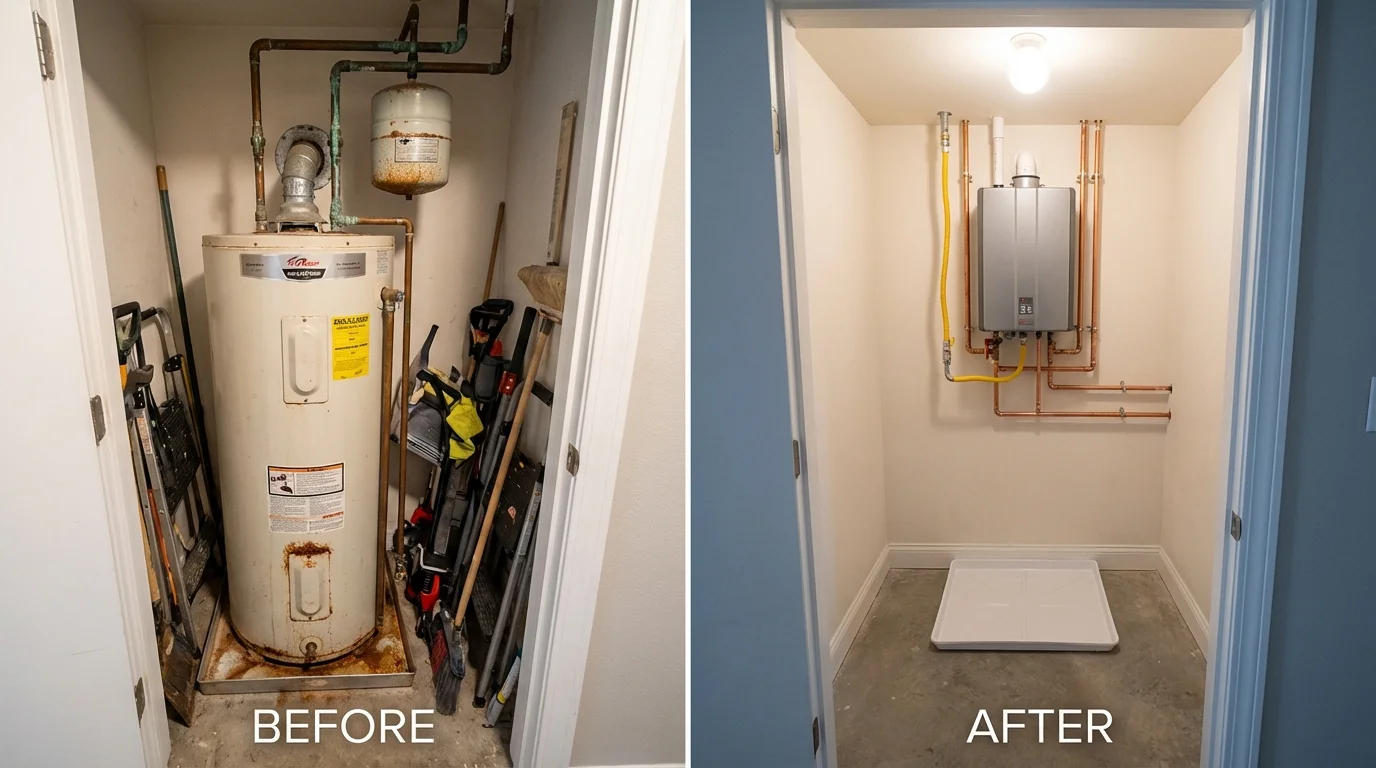 Tank water heater versus wall-mounted tankless unit comparison for Mountain View, CA homeowners