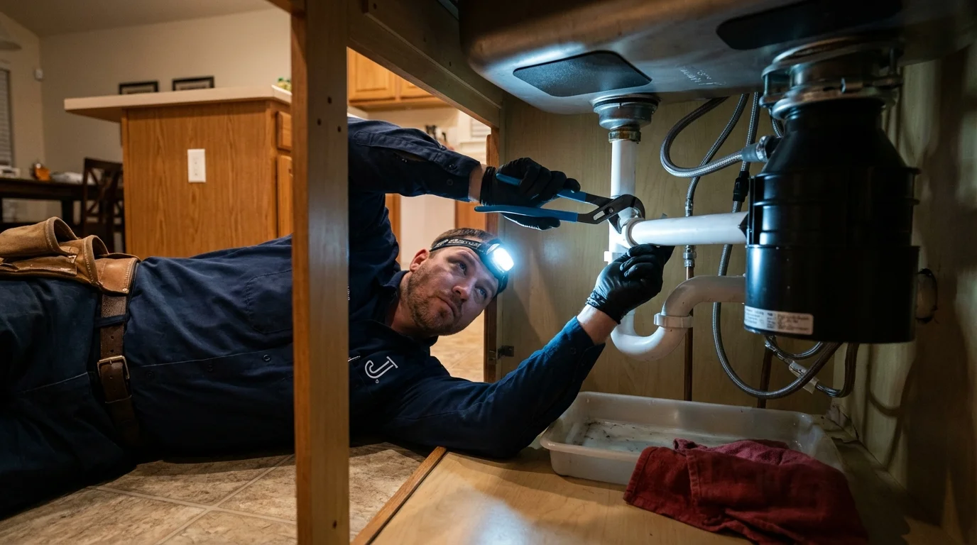 P-trap and supply line connections under a kitchen sink showing a common leak point in Mountain View, CA